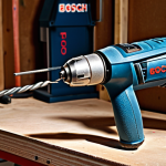 **Prompt:** A workshop scene. A close-up of **Bosch** blue power drill. Focus on German precision engineering. The drill is slightly worn from use, implying a reliable, long-term investment. Background elements include a workbench with various DIY project components, reflecting the tool's versatility in home improvement. Lighting to emphasize the quality and ergonomics of the **Bosch** tool.