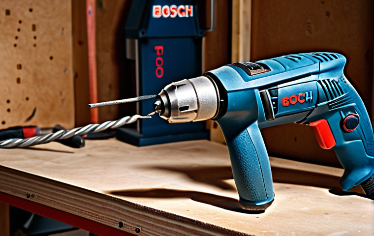 **Prompt:** A workshop scene. A close-up of **Bosch** blue power drill. Focus on German precision engineering. The drill is slightly worn from use, implying a reliable, long-term investment. Background elements include a workbench with various DIY project components, reflecting the tool's versatility in home improvement. Lighting to emphasize the quality and ergonomics of the **Bosch** tool.