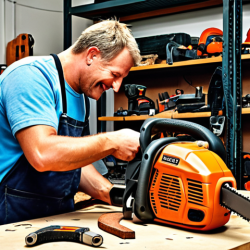 **Image:** A busy local workshop filled with power tools in various states of repair. A friendly mechanic is handing a repaired chainsaw back to a happy customer. Emphasis on the "Elverktygsakuten" (Power Tool Emergency) vibe.