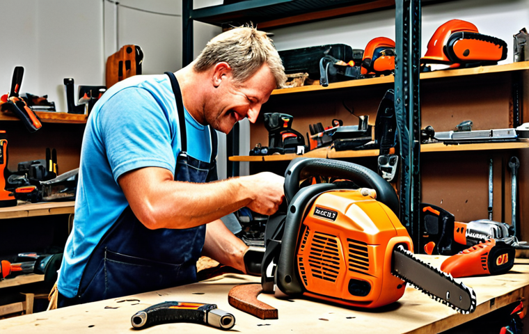 **Image:** A busy local workshop filled with power tools in various states of repair. A friendly mechanic is handing a repaired chainsaw back to a happy customer. Emphasis on the "Elverktygsakuten" (Power Tool Emergency) vibe.