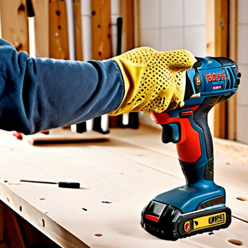 **

Prompt: A vibrant workshop scene. A person is using a cordless drill with adjustable voltage on a piece of light wood. Emphasize the convenience and freedom of cordless tools. Tools should be recognizable brands available in Sweden, like Bosch or DeWalt. Add safety glasses and gloves as props. Natural light, clean environment.

**