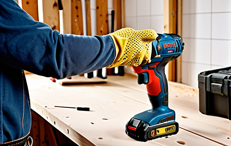 **
Prompt: A vibrant workshop scene. A person is using a cordless drill with adjustable voltage on a piece of light wood. Emphasize the convenience and freedom of cordless tools. Tools should be recognizable brands available in Sweden, like Bosch or DeWalt. Add safety glasses and gloves as props. Natural light, clean environment.
**