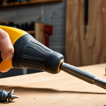 **Ergonomic screwdriver in use:** Close-up of a person's hand comfortably gripping a high-quality, ergonomic screwdriver with a rubber grip, driving a screw into wood. Focus on the comfortable grip and good balance. A well-lit workshop setting in the background.