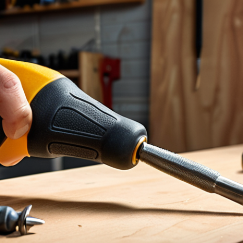 **Ergonomic screwdriver in use:** Close-up of a person's hand comfortably gripping a high-quality, ergonomic screwdriver with a rubber grip, driving a screw into wood. Focus on the comfortable grip and good balance. A well-lit workshop setting in the background.