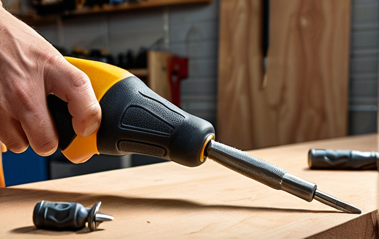 **Ergonomic screwdriver in use:** Close-up of a person's hand comfortably gripping a high-quality, ergonomic screwdriver with a rubber grip, driving a screw into wood. Focus on the comfortable grip and good balance. A well-lit workshop setting in the background.