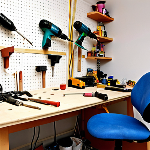 **A cluttered but inviting DIY workspace in a typical Swedish home. A person is struggling with a cheap, vibrating drill while trying to hang a shelf. The wall shows multiple failed attempts and crooked holes.** (Focus: Emphasize the initial frustration and the consequences of using an inadequate drill.)