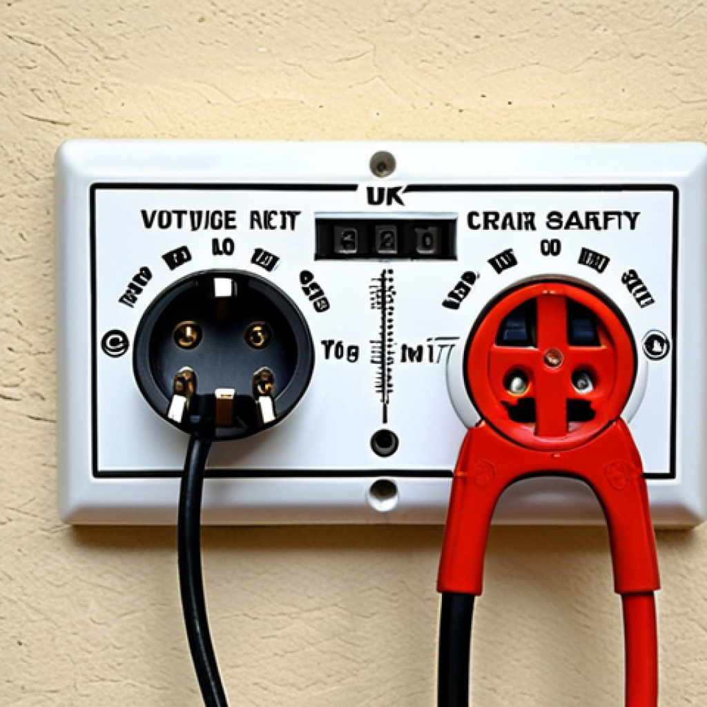 **Prompt:** A close-up photo of various power tool plugs (European Type C/F, US Type A/B, UK Type G) next to corresponding wall sockets. Show a multimeter measuring voltage on one of the sockets. Emphasize safety with bright, clear lighting.