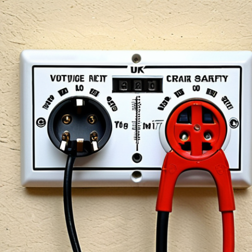 **Prompt:** A close-up photo of various power tool plugs (European Type C/F, US Type A/B, UK Type G) next to corresponding wall sockets. Show a multimeter measuring voltage on one of the sockets. Emphasize safety with bright, clear lighting.