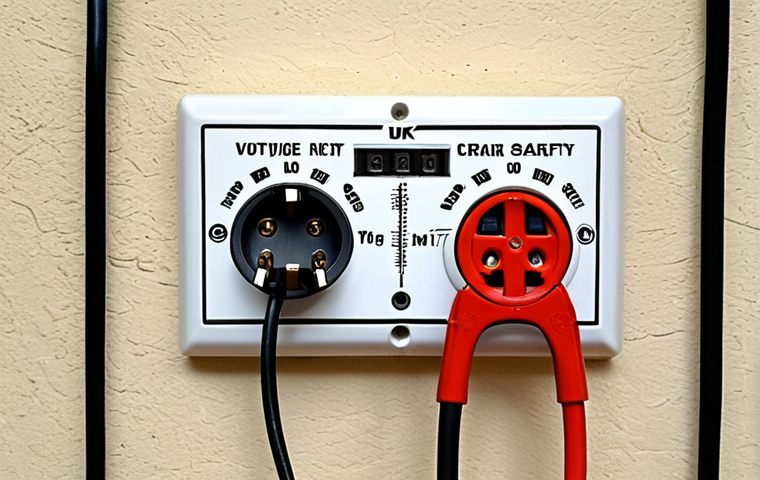 **Prompt:** A close-up photo of various power tool plugs (European Type C/F, US Type A/B, UK Type G) next to corresponding wall sockets. Show a multimeter measuring voltage on one of the sockets. Emphasize safety with bright, clear lighting.